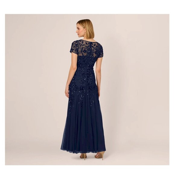 Adrianna Papell Beaded Short Sleeve Floral Godet Gown Midnight Navy Size 0 NWT - Picture 8 of 14